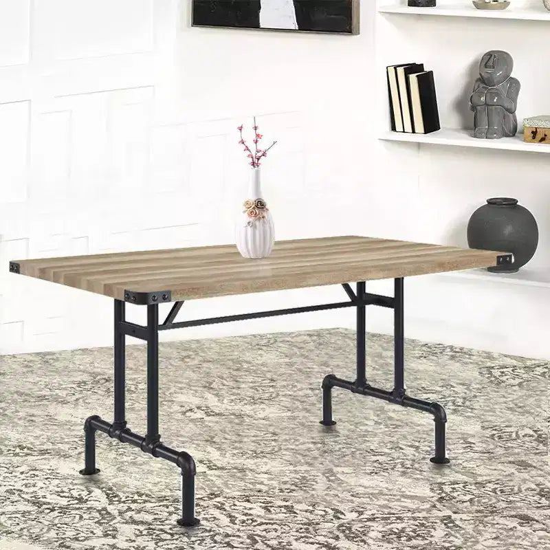 64" Dining Table, Oak and Sandy Black Finish, Industrial Farmhouse Style