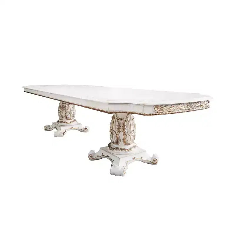 Table à manger 345 cm, finition perle antique, double pied central classique, 10 places, structure en résine