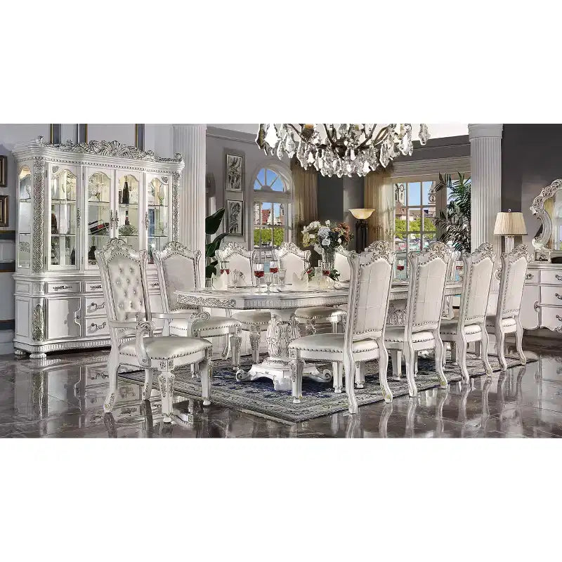 Table à manger 345 cm, finition perle antique, double pied central classique, 10 places, structure en résine