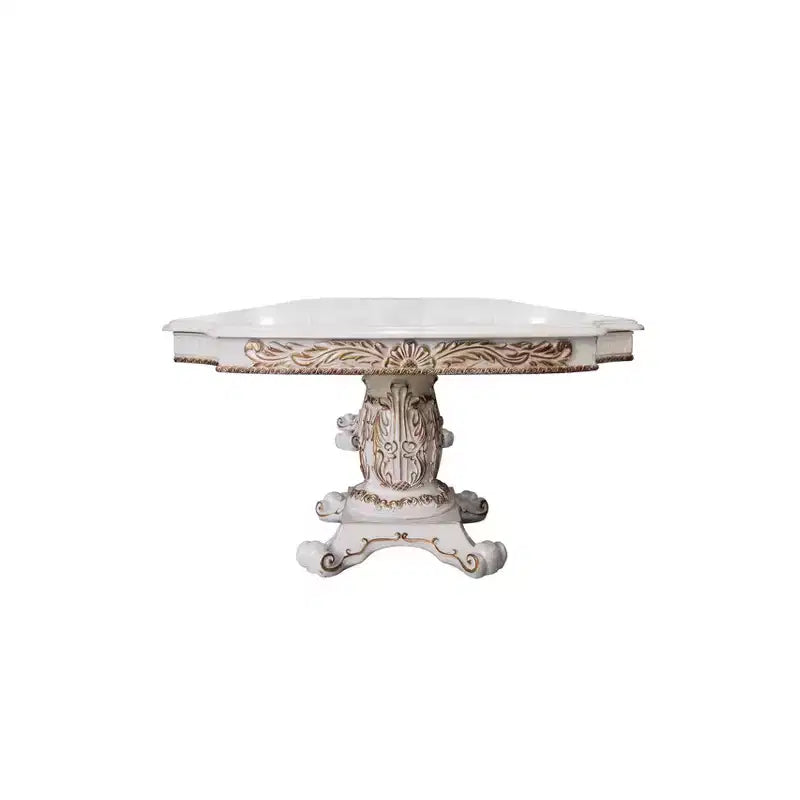 Table à manger 345 cm, finition perle antique, double pied central classique, 10 places, structure en résine