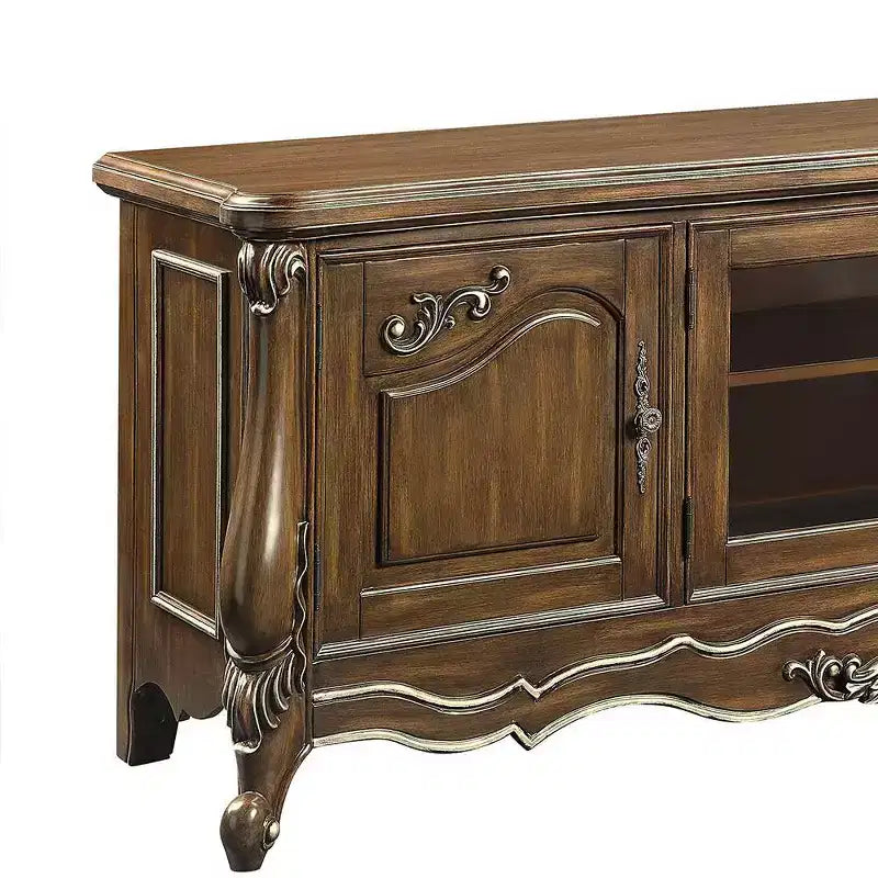 Meuble TV et console de 75 po, fini chêne antique, portes vitrées avec éclairage tactile