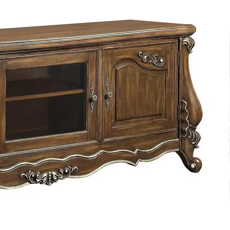 Meuble TV et console de 75 po, fini chêne antique, portes vitrées avec éclairage tactile