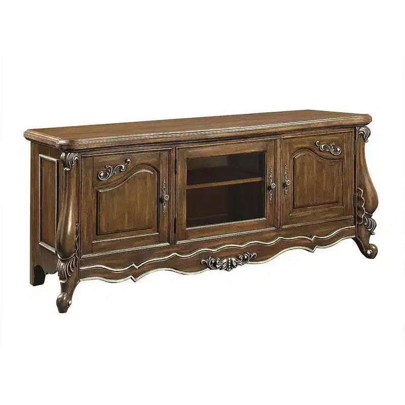 Meuble TV et console de 75 po, fini chêne antique, portes vitrées avec éclairage tactile