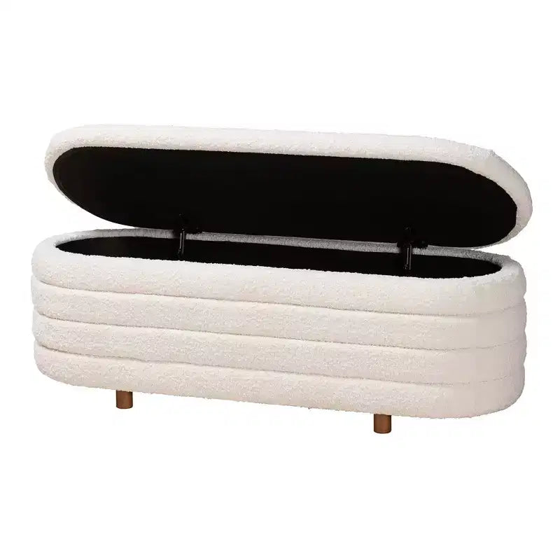 Banc de rangement relevable d'inspiration Japandi, assise en tissu crème, structure en bois brun noyer
