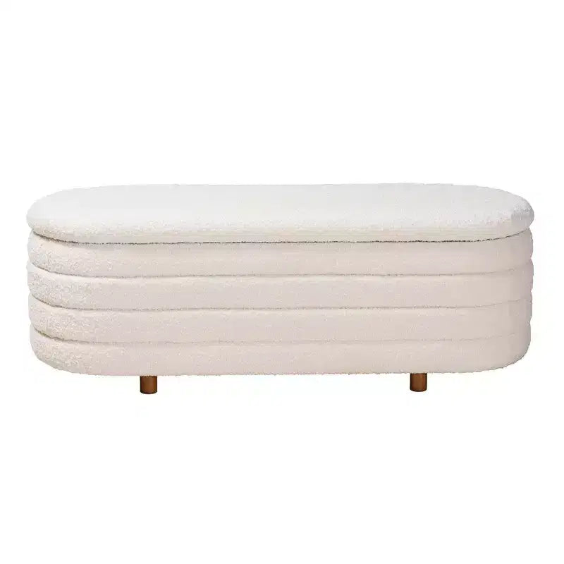 Banc de rangement relevable d'inspiration Japandi, assise en tissu crème, structure en bois brun noyer