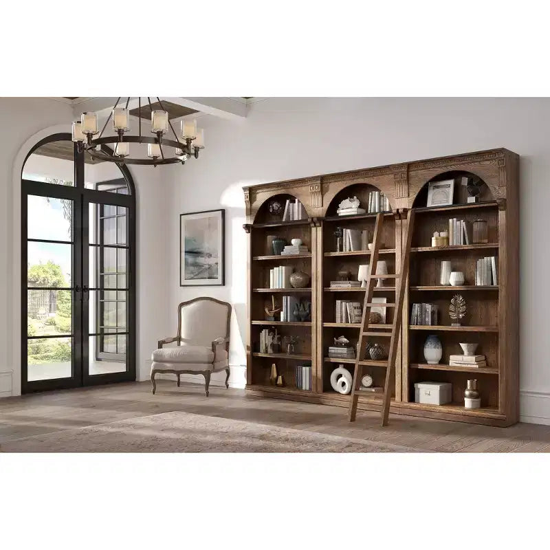 Bibliothèque murale traditionnelle de 239 cm de haut, marron, 3 bibliothèques avec échelle
