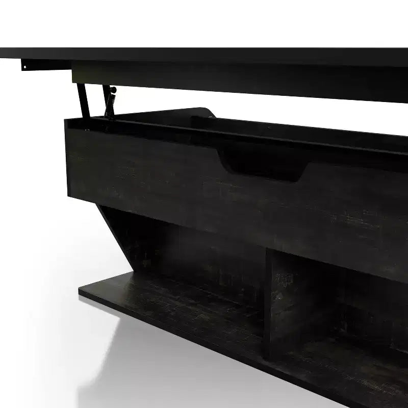 Table basse à plateau relevable de 44 po avec rangement, fini chêne noir recyclé