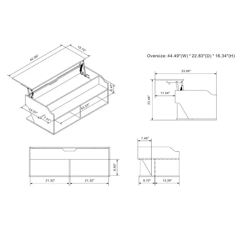 Table basse à plateau relevable de 44 po avec rangement, fini chêne noir recyclé