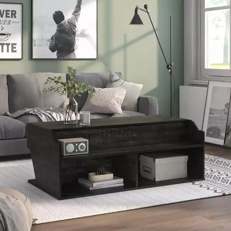 Table basse à plateau relevable de 44 po avec rangement, fini chêne noir recyclé