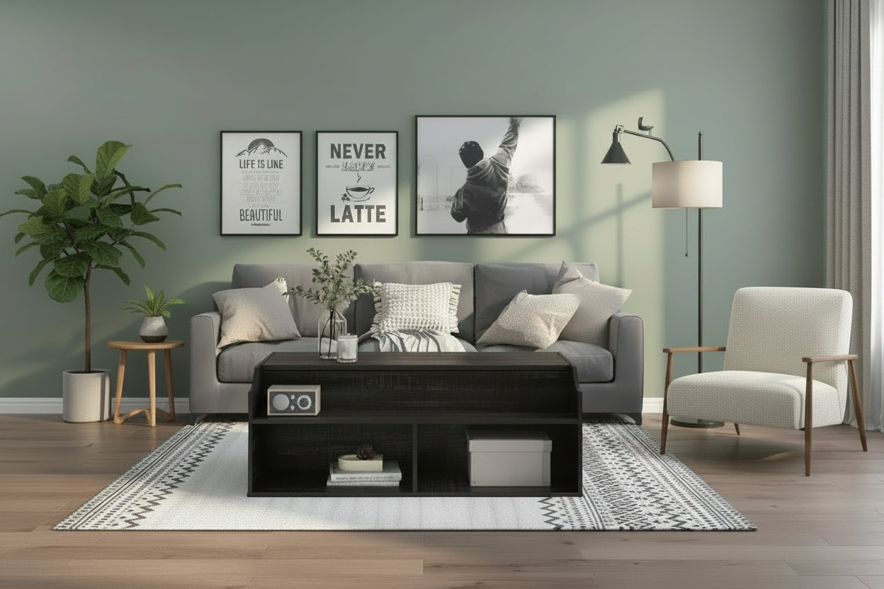 Table basse à plateau relevable de 44 po avec rangement, fini chêne noir recyclé