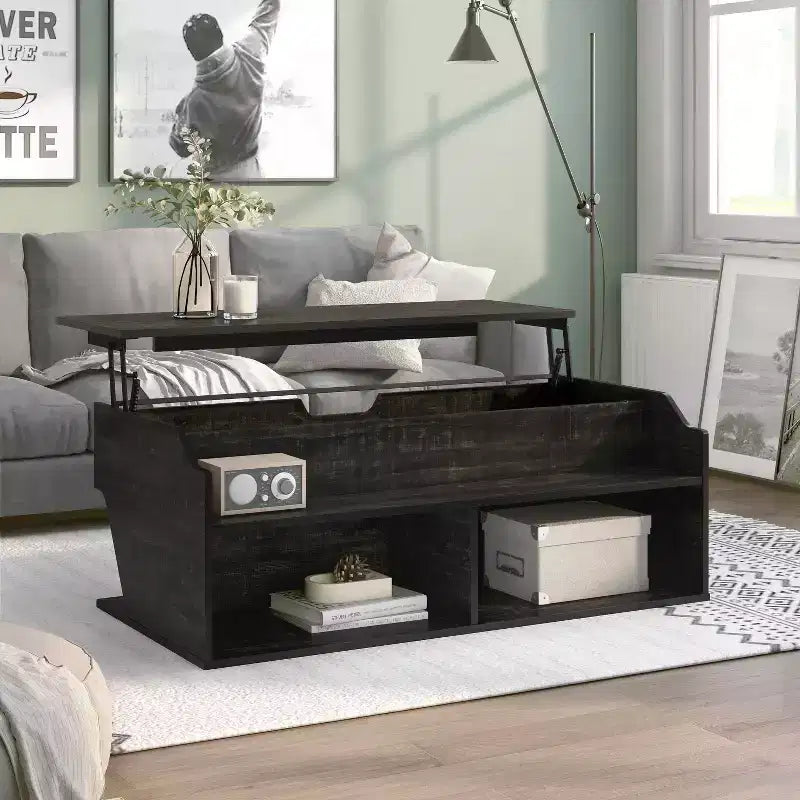 Table basse à plateau relevable de 44 po avec rangement, fini chêne noir recyclé