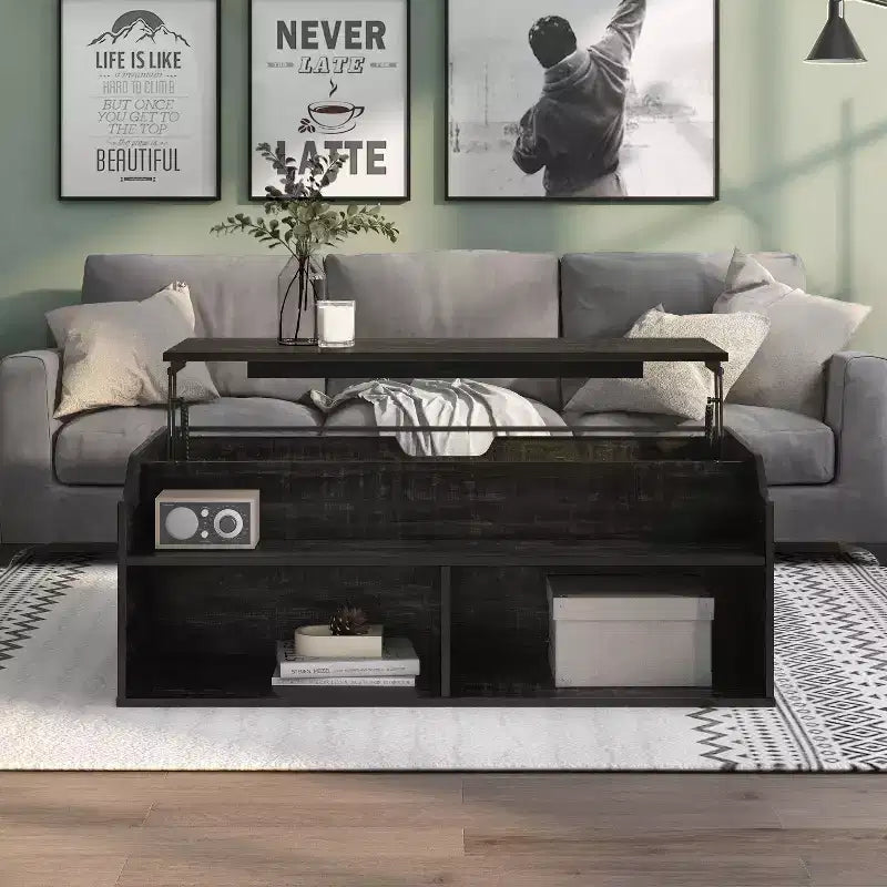 Table basse à plateau relevable de 44 po avec rangement, fini chêne noir recyclé