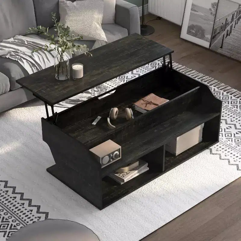 Table basse à plateau relevable de 44 po avec rangement, fini chêne noir recyclé
