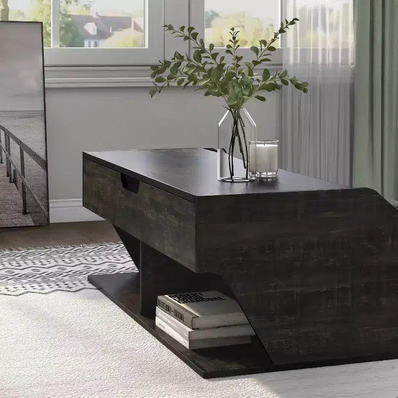 Table basse à plateau relevable de 44 po avec rangement, fini chêne noir recyclé