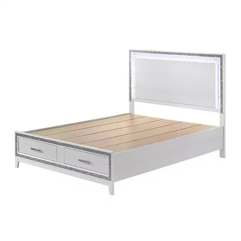 Lit king size de 84 po, similicuir blanc, lumières LED, tiroir de rangement