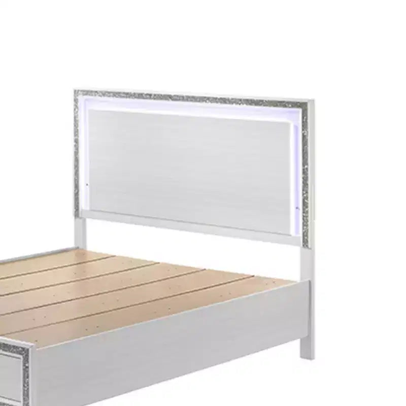 Lit king size de 84 po, similicuir blanc, lumières LED, tiroir de rangement