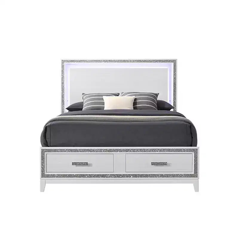 Lit king size de 84 po, similicuir blanc, lumières LED, tiroir de rangement