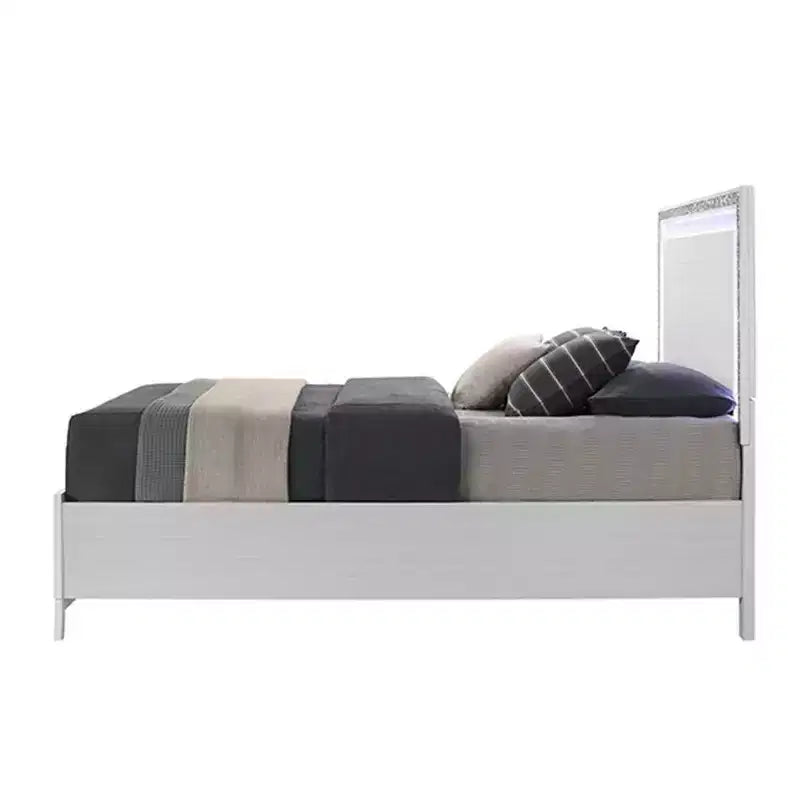 Lit king size de 84 po, similicuir blanc, lumières LED, tiroir de rangement