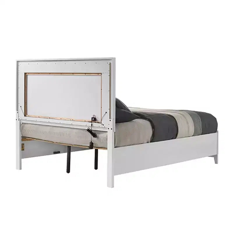 Lit king size de 84 po, similicuir blanc, lumières LED, tiroir de rangement