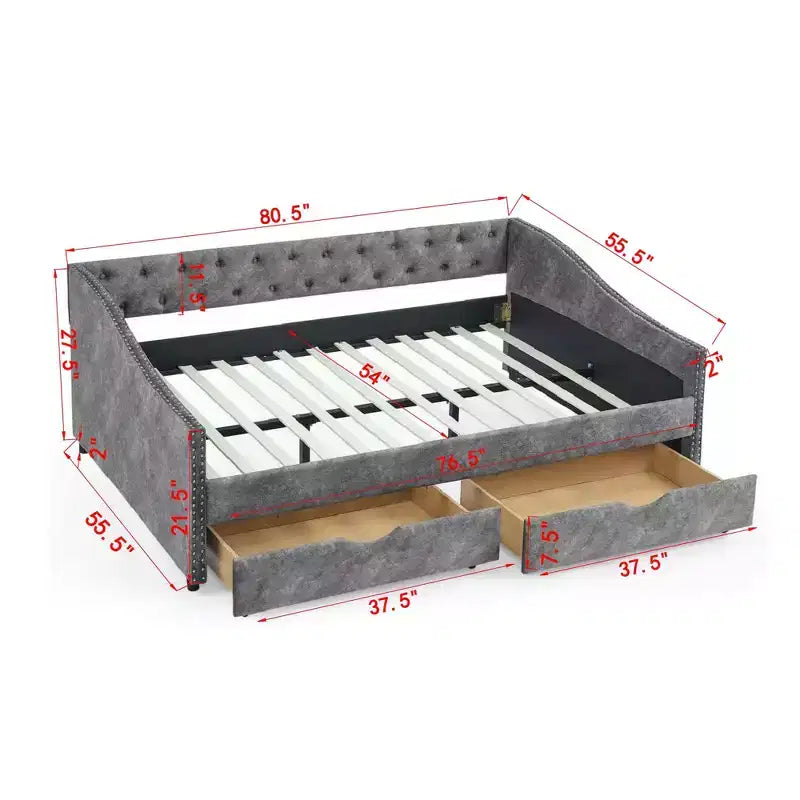 Canapé-lit capitonné pleine grandeur avec tiroirs et accoudoirs ondulés, gris