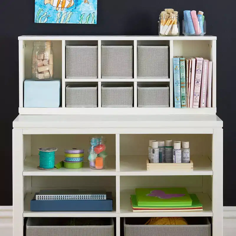 Meuble de rangement double ouvert pour enfants : organisateur de fournitures d'art et d'artisanat en bois pour enfants avec bacs de rangement en tissu