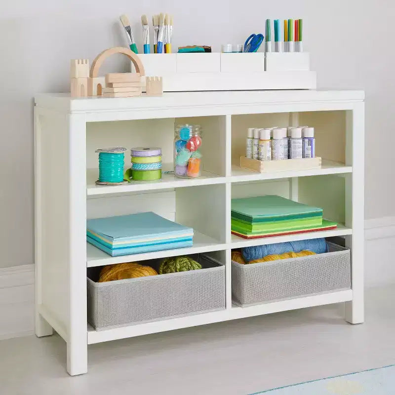 Meuble de rangement double ouvert pour enfants : organisateur de fournitures d'art et d'artisanat en bois pour enfants avec bacs de rangement en tissu