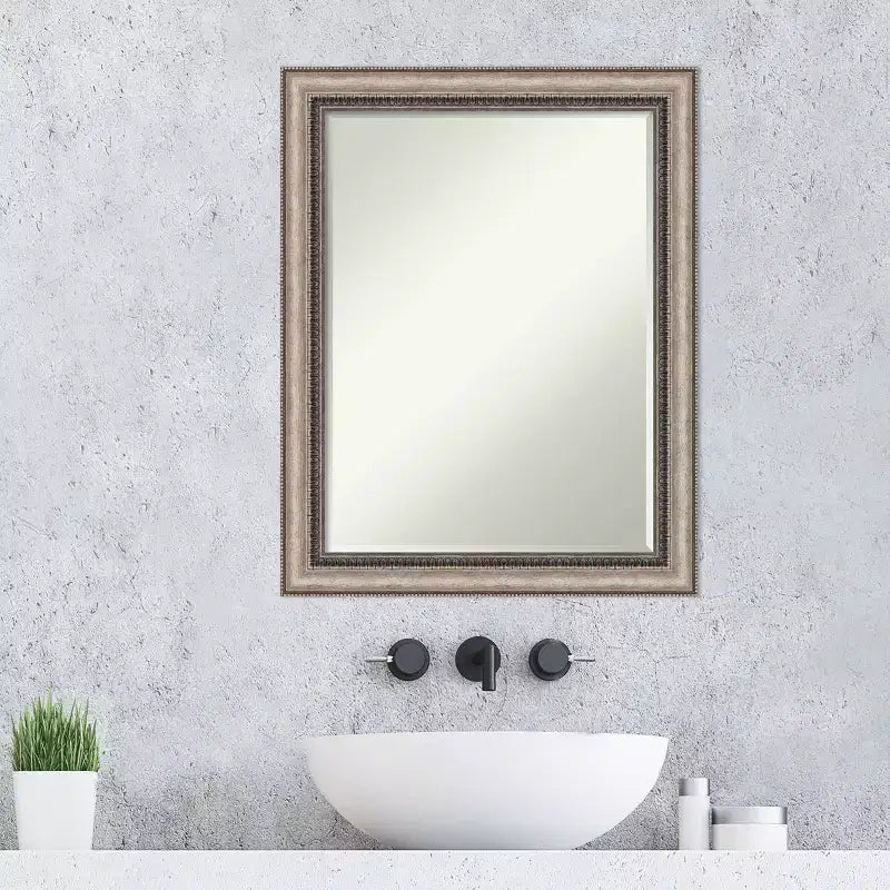 Petit miroir mural de salle de bain biseauté, cadre argenté orné, 22,25 po x 28,25 po