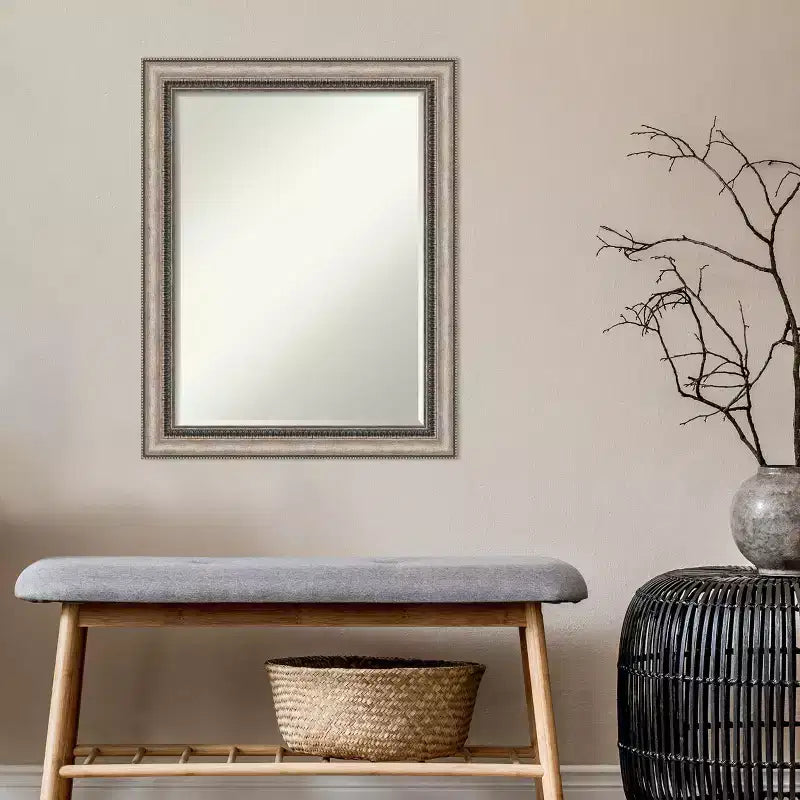 Petite Bevel Bathroom Wall Mirror, Ornate Silver Frame, 22.25" x 28.25"