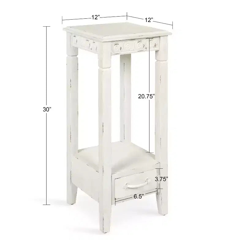 Table à thé carrée en bois 30,5 x 30,5 x 76 cm, blanche, style fermier avec étagère de présentation