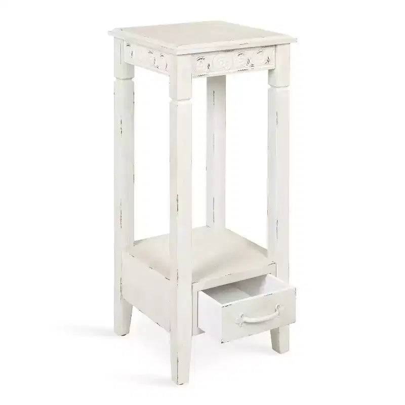 Table à thé carrée en bois 30,5 x 30,5 x 76 cm, blanche, style fermier avec étagère de présentation