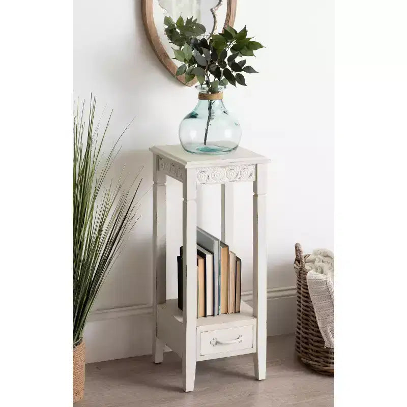 Table à thé carrée en bois 30,5 x 30,5 x 76 cm, blanche, style fermier avec étagère de présentation
