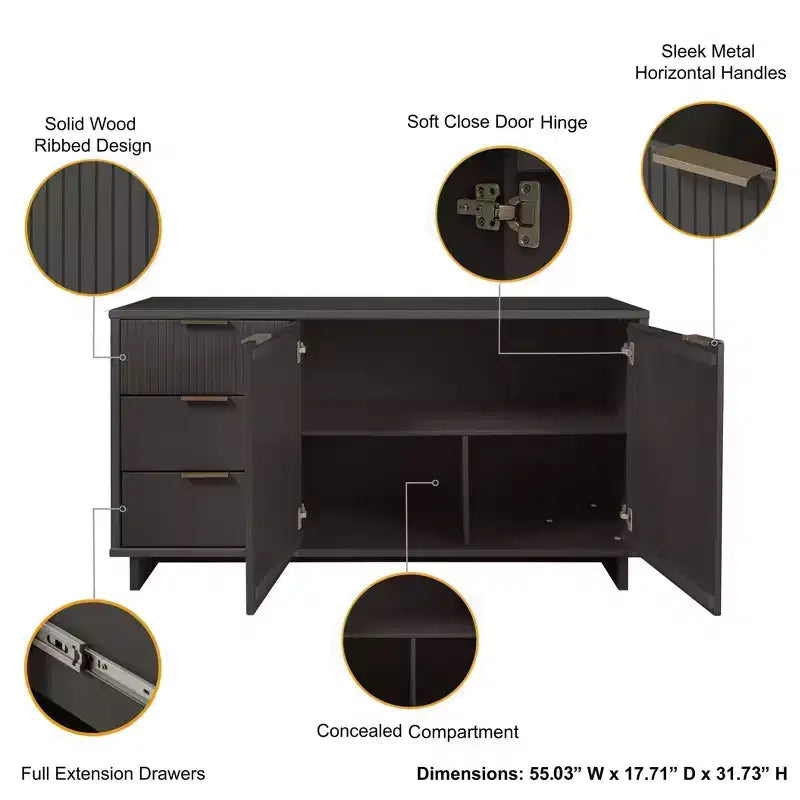 Meuble de rangement moderne de 140 cm avec 3 tiroirs
