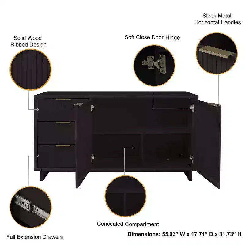 Meuble de rangement moderne de 140 cm avec 3 tiroirs