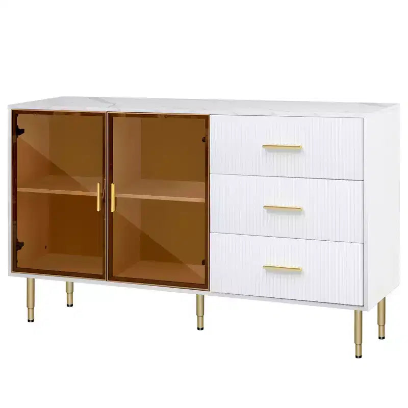 Buffet commode moderne avec portes en verre trempé ambré et pieds en métal doré