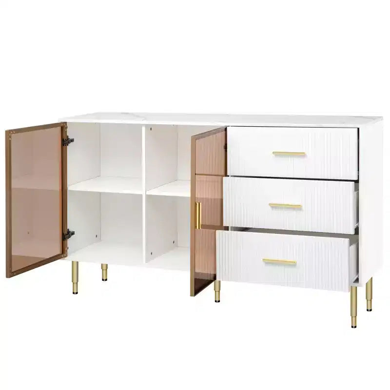 Buffet commode moderne avec portes en verre trempé ambré et pieds en métal doré