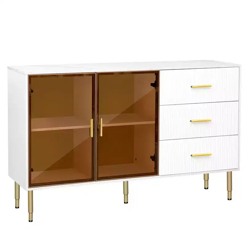 Buffet commode moderne avec portes en verre trempé ambré et pieds en métal doré