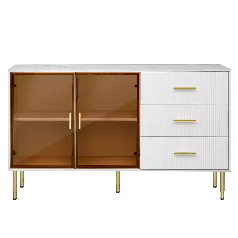 Buffet commode moderne avec portes en verre trempé ambré et pieds en métal doré