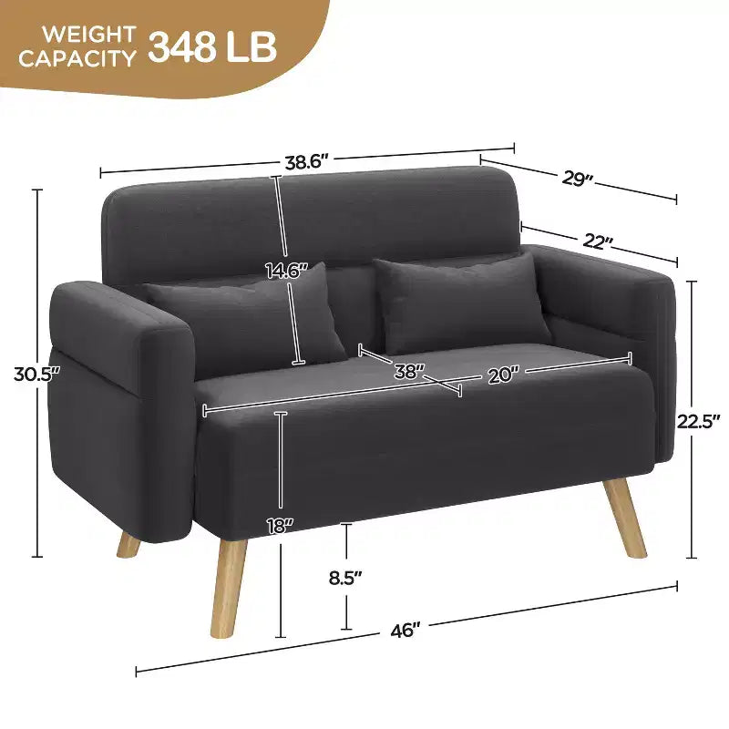 Canapé 2 places en tissu de 117 cm avec coussin lombaire pour bureau, chambre à coucher