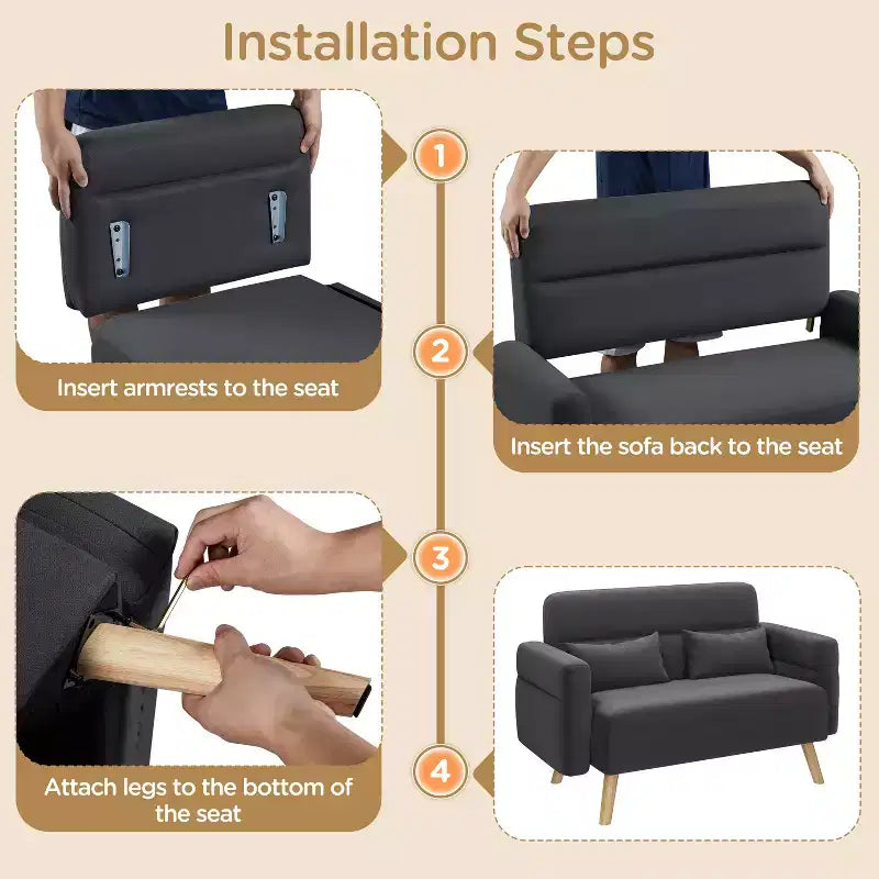 Canapé 2 places en tissu de 117 cm avec coussin lombaire pour bureau, chambre à coucher