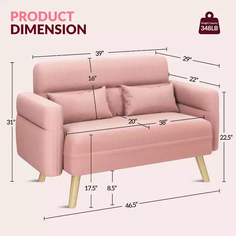 Canapé 2 places en tissu de 117 cm avec coussin lombaire pour bureau, chambre à coucher