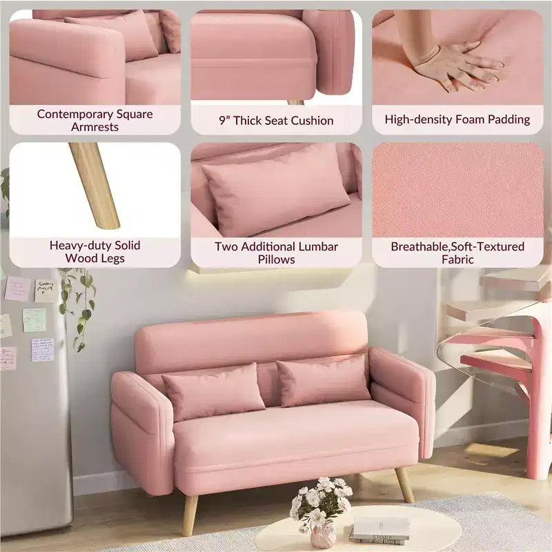 Canapé 2 places en tissu de 117 cm avec coussin lombaire pour bureau, chambre à coucher