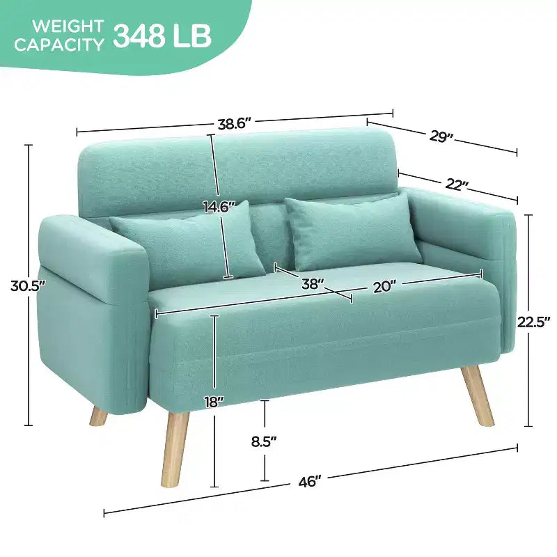 Canapé 2 places en tissu de 117 cm avec coussin lombaire pour bureau, chambre à coucher