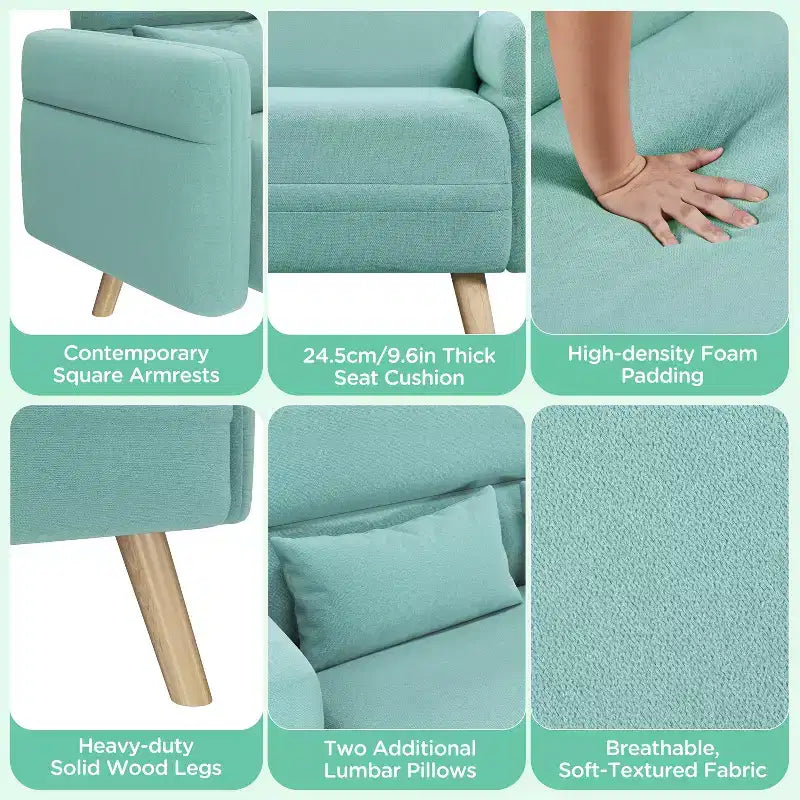 Canapé 2 places en tissu de 117 cm avec coussin lombaire pour bureau, chambre à coucher
