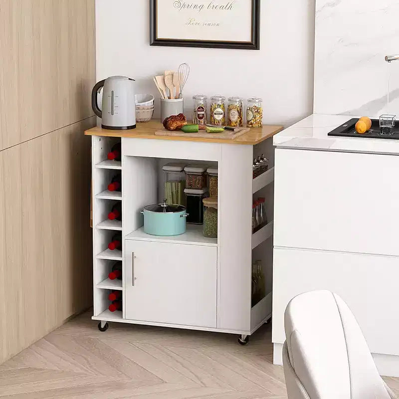 Desserte de cuisine roulante avec plateau en bambou, porte-bouteilles, porte-serviettes et placard, blanc