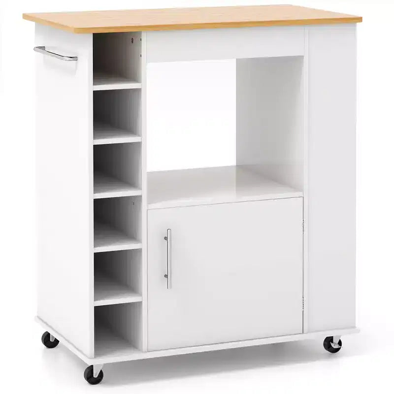 Desserte de cuisine roulante avec plateau en bambou, porte-bouteilles, porte-serviettes et placard, blanc