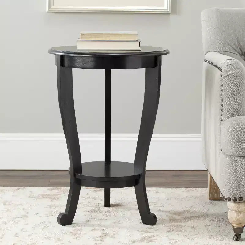 Table d'appoint ronde sur pied avec étagère inférieure, pin gris vintage, style traditionnel