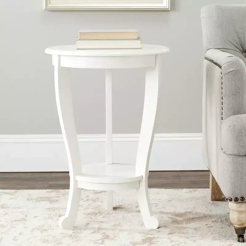 Table d'appoint ronde sur pied avec étagère inférieure, pin gris vintage, style traditionnel