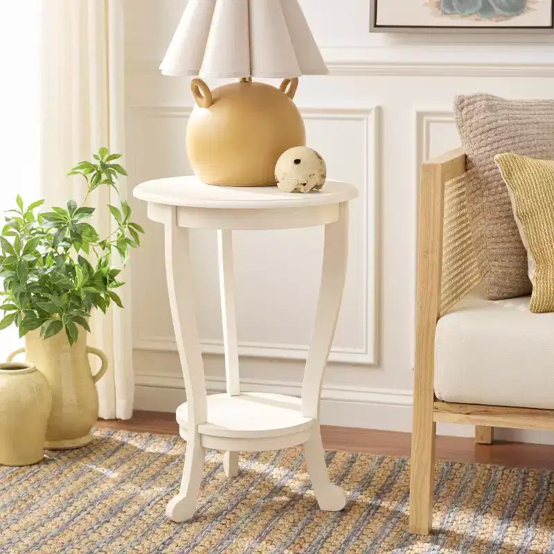 Table d'appoint ronde sur pied avec étagère inférieure, pin gris vintage, style traditionnel
