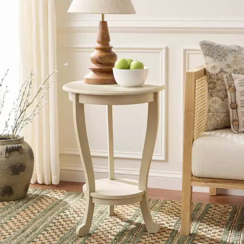 Table d'appoint ronde sur pied avec étagère inférieure, pin gris vintage, style traditionnel
