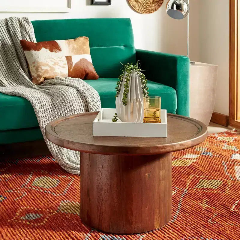 Table basse ronde, style rustique ferme, finition placage bois